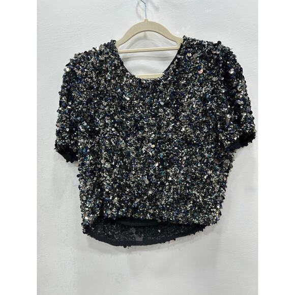 Haute Hippie Tops - HAUTE HIPPIE Mosaic Sequin Embelished Cropped Top Short Sleeves Black Silk Sz‎ M